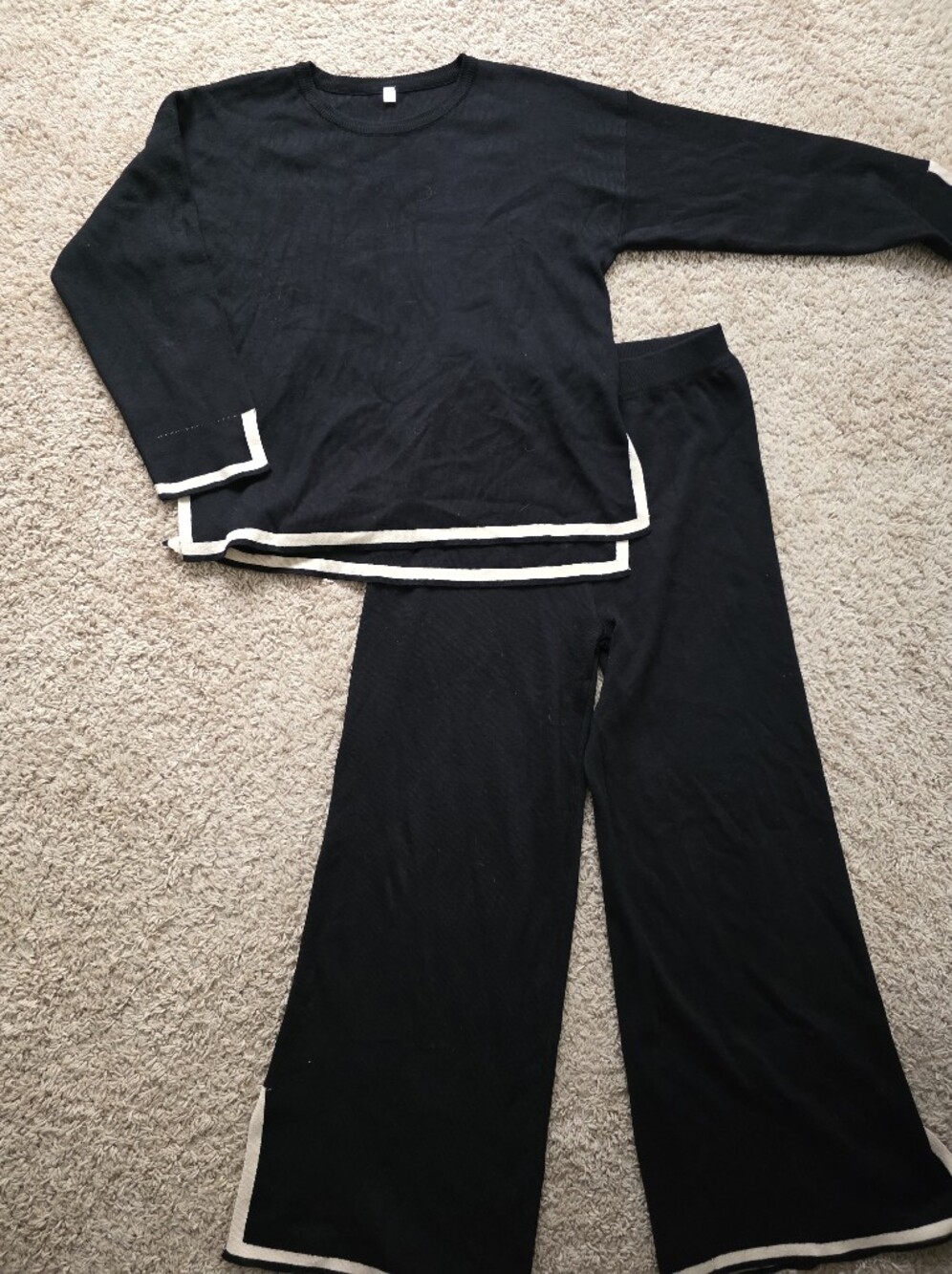 Black Contrast Trim 2 Piece Knit Lounge Set Sweater & Wide Leg Pants Size M